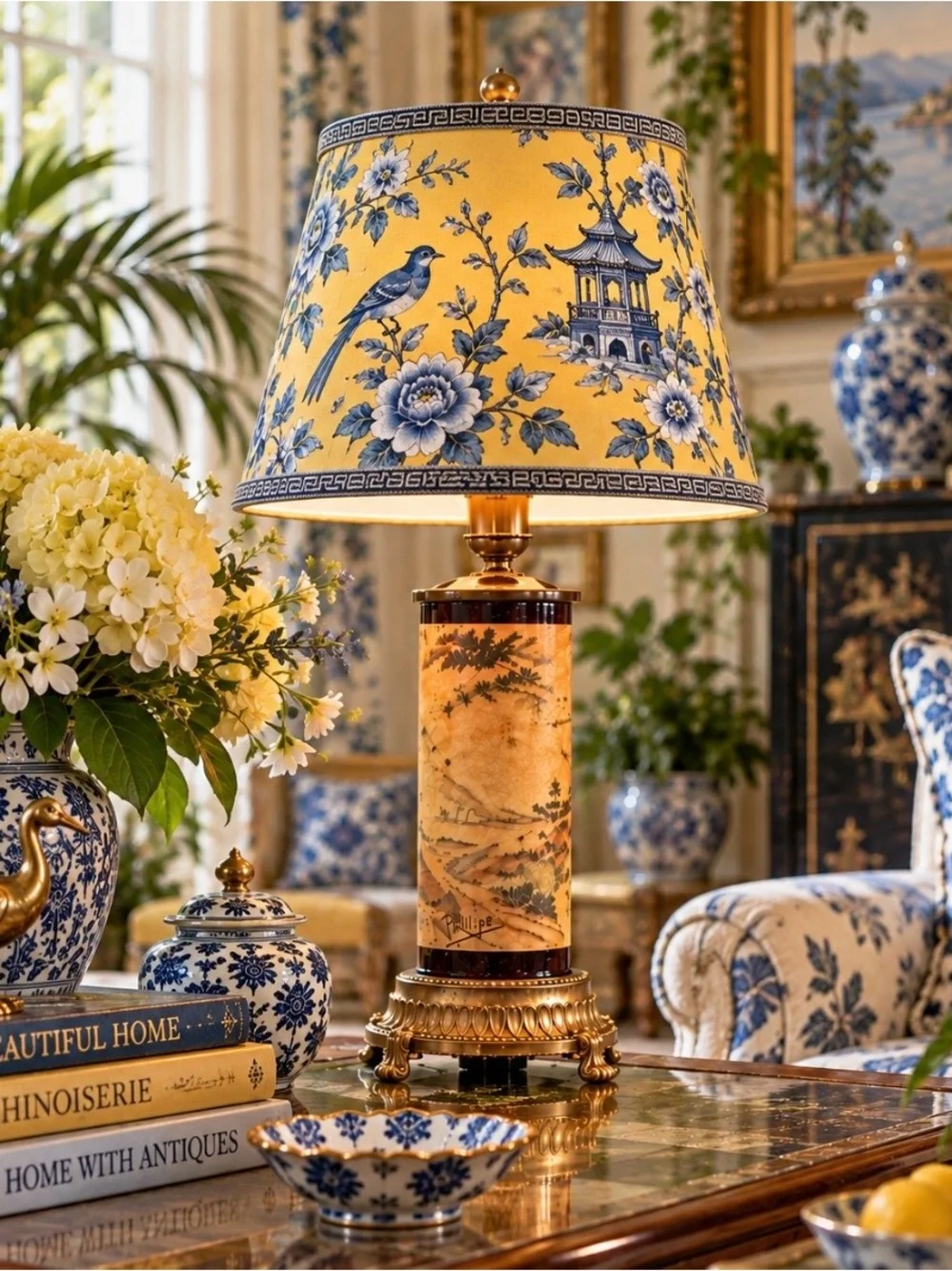 Title: Vintage Phillipe Pastoral Scene Cylinder Table Lamp Gold Tone